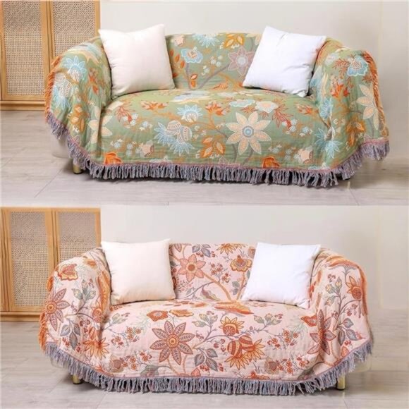 NEW XL Coral & Green Reversible Boho Fringe Blanket Bedspread Quilt - 80" x 90" - Picture 1 of 13